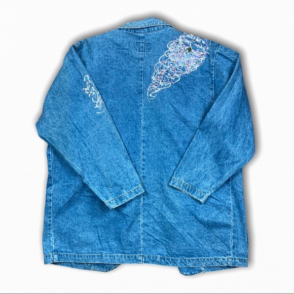 Sunbelt Vintage 90's Puffy Paint Denim Blazer Lapel Jacket Light Wash Blue Large - Picture 8 of 9